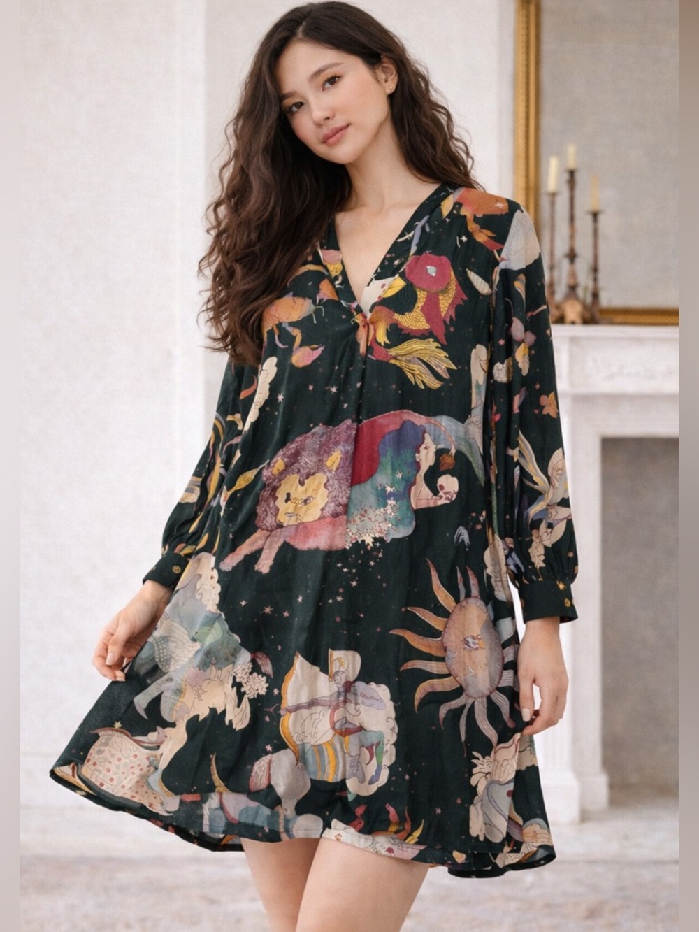 Hod Paris Graziella Zodiac Celestial Dress Rare Viscose Flowy Boho French Size S
